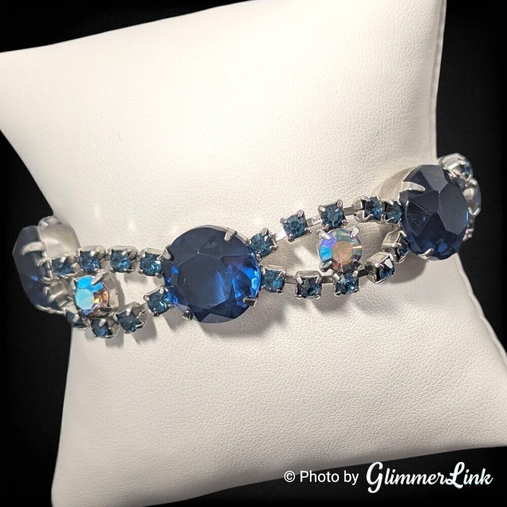 Vintage Blue Glass AB Rhinestone Prong Set Scalloped Silver Tone Bracelet